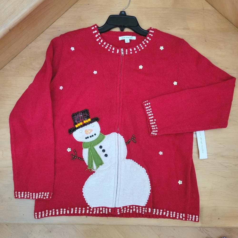 Vtg Y2k Snowman Winter Sweater Cardigan